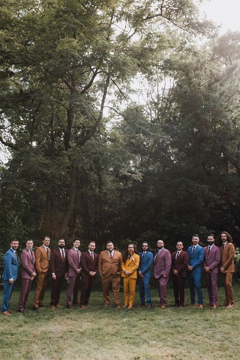 Groomsmen in suits in different colors | Image by Lauren Wysocki Groomsmen In Suits, Mismatched Groomsmen, Groomsmen Colours, Bridal Party Groomsmen, Cottagecore Wedding, Dresses Photography, Groomsmen Outfits, Fantasy Wedding, Groomsmen Suits