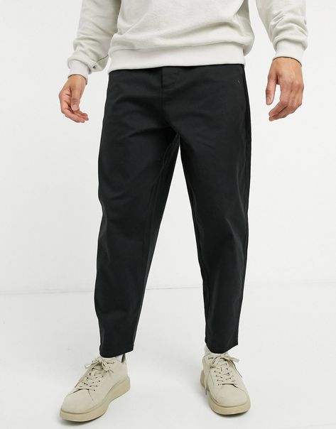 ASOS DESIGN oversized tapered chinos in black | ASOS Black Trouser Outfit, Chinos Men Outfit, Tapered Chinos, Pants Outfit Men, Converse Chuck Taylor White, Black Chinos, Mens Trendy Outfits, Mens Chinos, Streetwear Men Outfits