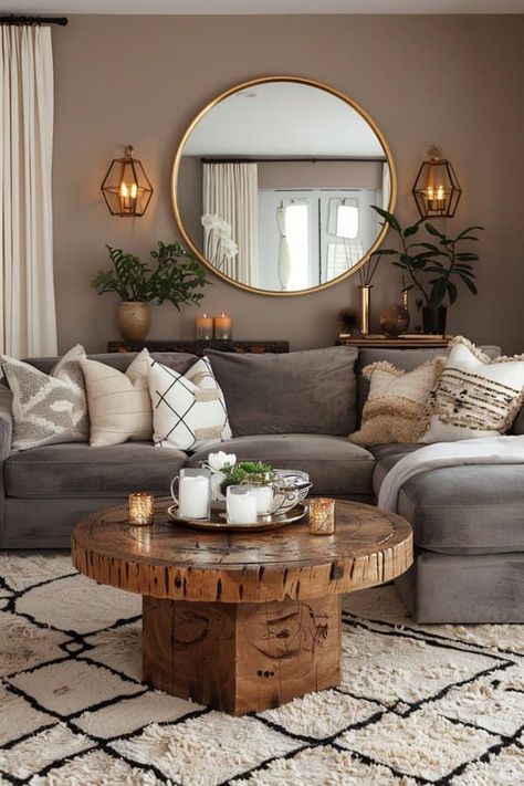 Apartment Aesthetic Gray, Light Gray Couch Decor Ideas, Grey And Brown House Interior, Apartment Decorating Dark Couch, Dark Grey Sofa Neutral Living Room, Farmhouse Gray Couch Living Room, Sand Living Room Decor, Grey Modern Couch Living Room, Grey Earthy Living Room