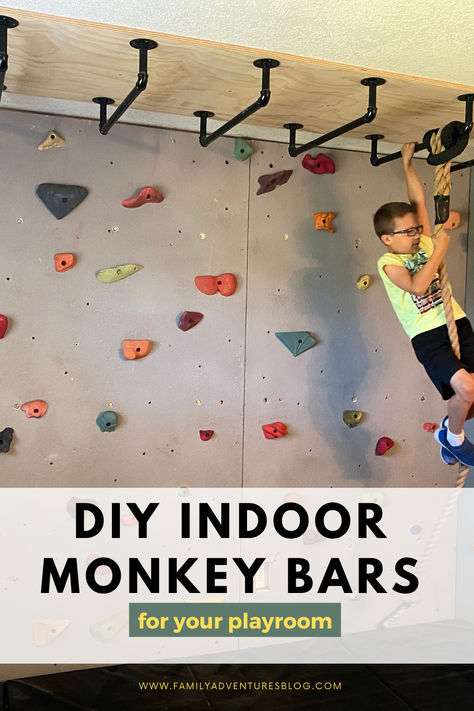 Basement Monkey Bars Diy, Indoor Playground Home Diy, Kid Cave Ideas, Monkey Bars In Playroom, Bedroom Monkey Bars, Monkey Bar Playroom, Ceiling Monkey Bars, Indoor Playground Playroom, Indoor Kids Gym Playroom