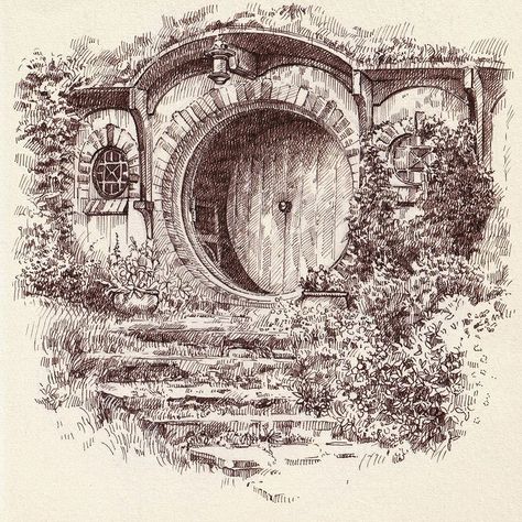 Architecture Fantasy Art, Hobbit Home, Hole Drawing, Ink Drawing Techniques, Hobbit Art, Classic Characters, Tolkien Art, Lotr Art, Home Architecture