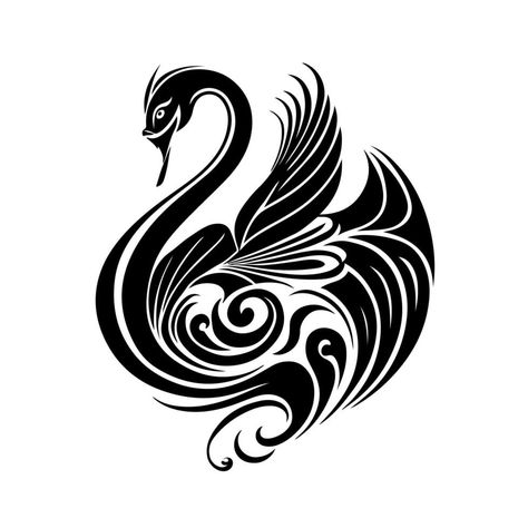 Swan Vector Illustration, Animal Stencils, Swan Tattoo, Thai Design, Monochrome Illustration, Swan Logo, Animal Stencil, Optical Art, Temporary Tattoo Designs