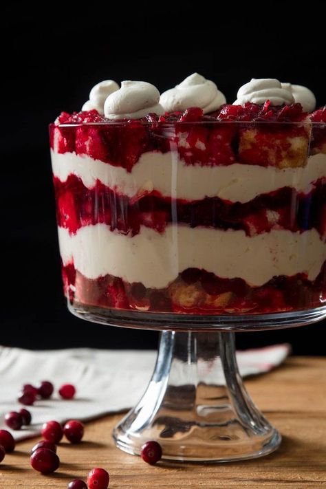 Cranberry Trifle Recipe | With layers of fluffy angel food cake, bittersweet amaro, tart cranberry jam, and creamy whipped mascarpone, this holiday trifle is a celebration of contrasting flavors and textures. #holidays #christmas #christmasrecipes #christmasinspo #seriouseats #recipes Holiday Trifle Desserts, Cranberry Trifle, Holiday Trifle, Dessert Trifle, Christmas Trifle Recipes, Holiday Desserts Thanksgiving, Trifle Bowl Recipes, Whipped Mascarpone, Christmas Trifle