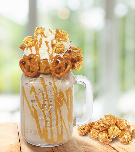 Salted Caramel Stuffed Shake Ice Cream Milkshake Recipe, Mackinac Island Fudge, Salted Caramel Pretzels, Ice Cream Photography, Kid Friendly Drinks, Caramel Pretzels, Mini Pretzels, Caramel Popcorn, Milkshake Recipes