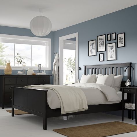 Blue Walls Black Furniture Bedroom, Blue Bedroom With Black Furniture, Hemnes Black Brown Bedroom, Bedroom Color With Black Furniture, Blue Bedroom Black Furniture, Bedding Ideas Black Headboard, Dark Bedroom Furniture Light Walls, Black Bedroom Furniture Colour Schemes, Black Headboard Bedroom Color Schemes