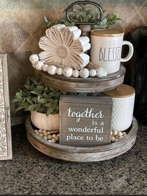 Coffee Bar 3 Tier Stand, Neutral Tiered Tray Decor, How To Decorate A Two Tier Tray, Two Tier Tray Decor Kitchen, Bathroom Cabinet Decor Ideas, Spring Tray Decor Ideas, Corner Countertop Decor, Tray Centerpiece Ideas, Two Tier Tray Decor