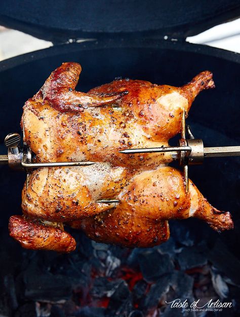 How to make Rotisserie Chicken on a grill. | Taste of Artisan Rotisserie Chicken On Grill, Best Rotisserie Chicken Recipe, Rotisserie Chicken Recipe, Spit Rotisserie, Bbq Rotisserie, Spit Roast, Rotisserie Grill, Kamado Joe, Roast Duck