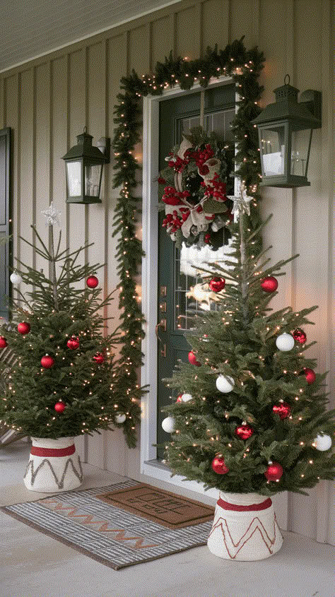 Outdoor Christmas Tree On Porch, Porch Christmas Tree, Christmas Porch Decorating Ideas, Christmas Decorating Hacks, Small Christmas Trees Decorated, Porch Decor Christmas, Diy Projects Christmas, Door Christmas Decorations, Diy Christmas Door