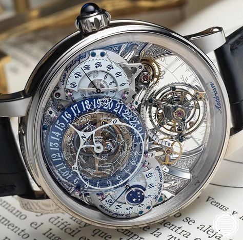 The impressive Récital 20 Astérium by Bovet 1822. It represents the sky and constellations as they are visible from the Earth by mapping them out on a dome of translucent blue quartz. It combines a sidereal annual calendar with a double-face flying tourbillon. For full specs. more pics and pricing, visit http://www.timeandwatches.com Patek Philippe Watches, New R, Skeleton Watches, Luxury Watch Brands, Amazing Watches, Dream Watches, High End Watches, Ring Watch, Blue Quartz