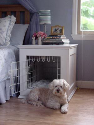 Recycled table makes a great crate. I love this...much cuter then a normal crate. Dog Room, Designer Dog Beds, Pet Sitting, Night Stand, Dog Houses, Dog Crate, Labradoodle, Diy Dog Stuff, Dog House