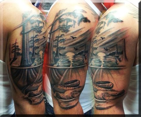 Cypress Swamp Louisiana Swamp Tattoo, Swamp Scene Tattoo, Swamp Tattoo Sleeve, Swamp Tattoo Ideas, Louisiana Tattoos, Louisiana Tattoo Ideas, Swamp Tattoo, Louisiana Tattoo, New Orleans Tattoo