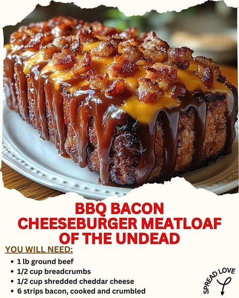 🔥 BBQ Bacon Cheeseburger Meatloaf of the Undead: Comfort Food Elevated! 🍔🥓 Get ready to take your weeknight dinners to the next level with this mouthwatering BBQ Bacon Cheeseburger Meatloaf! Juicy, savory, and loaded with crispy bacon and melted cheddar, this dish is topped with a smoky BBQ glaze that will have everyone begging for seconds. Perfect for gatherings or cozy nights in, it’s bound to become a family favorite! Ingredients: 2 lbs ground beef 6 slices of bacon, cooked and crumbled 1... Bbq Bacon Cheeseburger Meatballs, Bbq Bacon Cheeseburger Meatloaf, Bbq Ground Beef Recipes, Bacon Cheddar Bread, Unique Meatloaf Recipes, Bbq Bacon Cheeseburger, Bacon Cheeseburger Meatloaf, Fried Pork Chop Recipes, Cheddar Bread