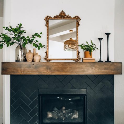 Black herringbone fireplace.  Modern. Cozy.  alexis.mbrink | LIKEtoKNOW.it Old Farmhouse Fireplace Ideas, Styling Fireplace Mantel, Hexagon Tile Fireplace, Mantle Diy, Black Tile Fireplace, Herringbone Fireplace, Wood Mantle Fireplace, Basement Fireplace, Fireplace Tile Surround