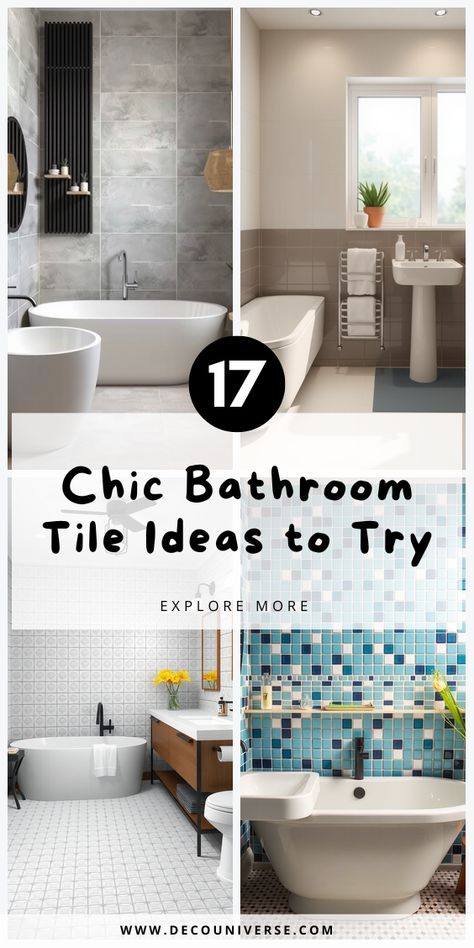 Transform your bathroom with these tile ideas that bring elegance and charm to your space! From classic to modern styles, find the perfect look for you. (Save for ideas!) Bathroom Vanity And Tile Ideas, Double Vanity Tile Backsplash, Cool Bathroom Tile Ideas, Unique Bathroom Backsplash Ideas, Bathroom Shower And Floor Tile, Bathroom Tub With Tile, Rectangular Tiles Bathroom, Tile Walls In Bathroom, Bathtub Backsplash Ideas