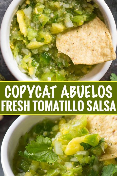 This copycat of Abuelo's tomatillo lime salsa is so close, you'll think you're actually at the restaurant!  Bright, fresh, and ready in 5 minutes! #salsa #tomatillo #lime #copycat #abuelos #greensalsa #easyrecipe #Mexican #copycatrecipe Tomatillo Avocado Salsa, Avocado Salsa Verde, Tomatillo Recipes, Roasted Tomatillo Salsa, Salsa Tomatillo, Salsa Verde Recipe, Roasted Tomatillo, Tomatillo Salsa, Appetizers Recipes