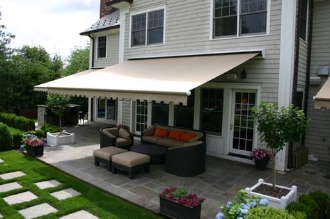 Maybe an awning over the deck? Doesn't allow for creeping plants or lights though. Deck Awnings, House Awnings, Porch Awning, Patio Grande, Terrace Ideas, Awning Shade, Outdoor Awnings, Door Awnings, Patio Canopy