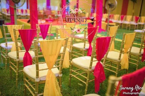 Shaadiwish Inspirations and Ideas | Chair%20Decor Indian Wedding Chair Decor, Ceremony Decorations Outdoor, Original Wedding Ideas, Mehendi Decor Ideas, Wedding Stage Decor, Ceremony Chairs, Wedding Chair Decorations, Haldi Ceremony, Wedding Stage Decorations