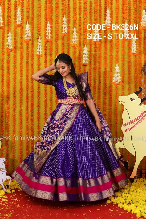 Lavender Langa Voni, Half Saree Designs Simple, Pattu Gown, Pattu Dress, Saree Function, Half Saree Function, Lehenga Dress, Indian Dresses For Women, Frock Designs