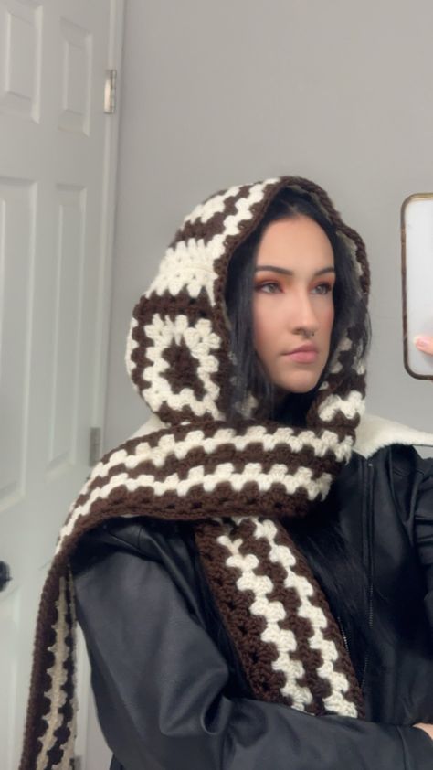 Brown and ivory crochet scoodie/ crochet hood crochet scarf, balaclava Crochet Balaclava Hood, Hooded Scarf Pattern Crochet, Crochet Hoodie Scarf, Balaclava Scarf Crochet, Crochet Baclava Hood, Homebody Activities, Crochet Headband Winter, Crochet Balaclava Scarf, Crochet Head Warmer