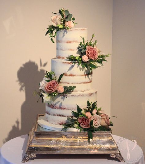 3 Tier Naked Wedding Cake, Seminaked Wedding Cake, Semi Naked Wedding Cake, Pink Cake Box, 4 Tier Wedding Cake, Wedding Cake Prices, Wedding Cake Servings, Quinceanera Cakes, Fresh Flower Cake