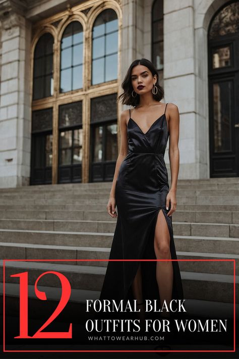 Get ready to turn heads with 12 stunning black outfit ideas for formal occasions. Each look is chosen to help women embrace timeless elegance and sophisticated style. Perfect for making a statement at upscale events. #FormalEventStyle #BlackElegance #WomenInFormal Black Formal Party Outfit, Black Tie Wedding Guest Dress Italy, Mother Of The Bride Dresses In Black, Hair For Black Dress, Long Cocktail Dress Classy Evening Gowns, Black Formal Dress Classy, Black Formal Dress Outfit, Formal Event Outfits For Women, Formal Black Outfits For Women