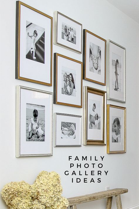 photo gallery wall with black and white family photos Photo Wall With Large Center Photo, Dining Room Decor Photo Wall, Home Decor Ideas Living Room Wall Family Photos, How Display Family Photos, Accent Picture Frame Wall, Modern Gallery Wall Dining Room, Classy Gallery Wall Ideas, How To Display Family Photos On Wall Above Couch, Wall Of Wedding Photos