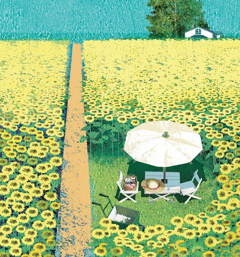 Behance :: Para ti Anime Sunflower Field, Sunflower Animation, Anime Sunflower, Field Illustration, Art Of Animation, Sunflower Field, Dream Book, Sunflower Fields, Yellow Aesthetic