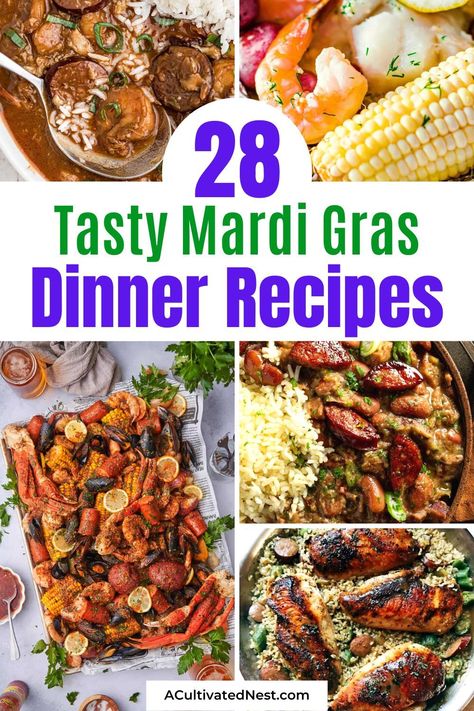 28 Tantalizing Mardi Gras Dinner Recipes- Celebrate Mardi Gras in culinary style with our curated selection of tantalizing Mardi Gras dinner recipes! From jambalaya to gumbo, experience the vibrant flavors of the season.| #MardiGrasRecipes #dinner #shrimp #dinnerIdeas #ACultivatedNest Mardi Gras Meal Ideas, Mardi Gras Food Dinners, Mardi Gras Dinner Recipes, Mardi Gras Menu Ideas Dinners, Mardi Gras Food Ideas Parties, Mardi Gras Dinner Ideas, Mardi Gras Pasta, Mardi Gras Recipe, Mardi Gras Recipes Easy