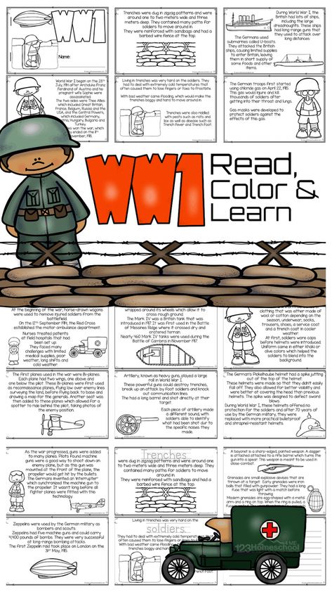 Whether you are diving into a history lessons for kids about the first world war in your classroom, a world war one unit in your homeschool, or area parent learning about world war 1 for kids - this WW1 for kids readers is filled with interesting facts about WW1 for kids for children to read, color, and learn!  Use this free printable World War 1 worksheet is handy to use with preschool, pre-k, kindergarten, first grade, 2nd grade, 3rd grade, 4th grade, and 5th grade students. Simply print the W Second Grade History Lessons, 123 Homeschool 4 Me Free Printable, First Grade History Lessons, World Wars, Ww1 Project Ideas, Ww 1, Homeschool Lessons, Canada For Kids, Germany For Kids