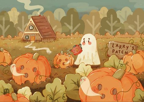 Illustration by BlossomBujo Store Fall Cartoon Aesthetic, Pumpkin Patch Illustration, Sheet Ghost, Overlays Cute, Quirky Illustration, Kitty Drawing, Hello Kitty Drawing, Artist Alley, Fairytale Art