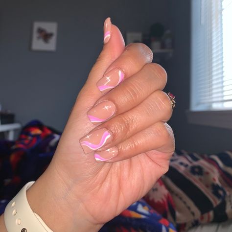 Nude base. White, pink and purple swirl design Pink Nails Acrylic Swirl, Light Purple Swirl Nails, Pink Squiggly Line Nails, Pink And White Swirls Nails, Pink Purple Swirl Nails, Purple Swirl, Coffin Shape Nails, Casual Nails, Swirl Design