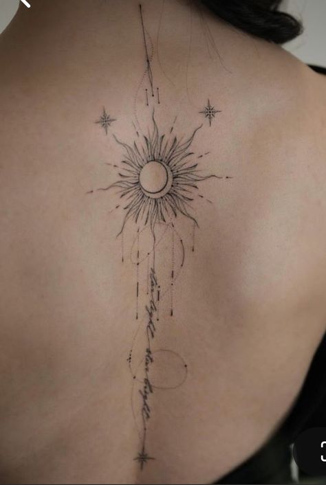 Sun Spine Tattoo, Sun And Moon Spine Tattoo, Moon Spine Tattoo, Sun Back Tattoo, Tattoo Black, Spine Tattoo, Creative Tattoos, Sun And Moon, Back Tattoo