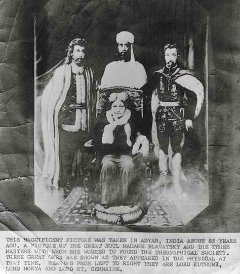 A picture depicting the great masters with Blavatsky. Blavatsky said these masters appear to her in her visions, guiding her on a spiritual mission which led to establishing the Theosophical Society. Helena Blavatsky, Theosophical Society, The Secret Doctrine, Spiritual Figures, Spiritual Images, Ascended Masters, St Germain, World Religions, Ancient Mysteries