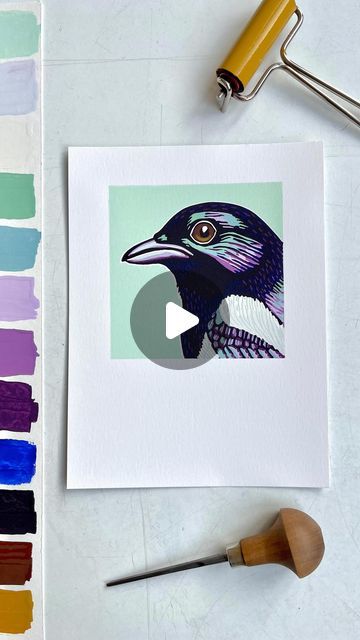 28K views · 3.8K likes | Suzanne Kruisdijk on Instagram: "Just finished this new bird portrait! It’s a reduction linoleum print with 12 (!) colour layers. It’s the 9th of a series of bird portraits I’m working on. The portrait is inspired by the Magpie. I do mix all colors myself and I have to make a lot of color tests to achieve these vibrancy and shades working well together. It’s a limited edition print run of 50 prints. For each colour layer I did carve more linoleum away from one block. As a result, the linoleum block is reduced to almost nothing and not suitable anymore for reprinting. . . . . . . . . . . . . . . . . . #printmaking #stampmaking #handprinted #linocut #linoprint #printspotters #grafiek #inkprint #linoleum #peopleofprint #reductionprint #linoprints #art_we_inspire #prin 3 Colour Reduction Lino Print, Reduction Lino Print Ideas, Linoprint Portrait, Suzanne Kruisdijk, Linocut Birds, Colored Linocut, Linoleum Print Ideas, Linocut Color, Linocut Prints Art