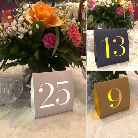 WEDDING Table Numbers Table Number Luminaries Elegant | Etsy Creative Wedding Table Numbers, Minimalist Table Numbers, Wedding Luminaries, Table Numbers Wedding Diy, Décor Table, Navy Table, Diy Table Numbers, Battery Tea Lights, Minimalist Table