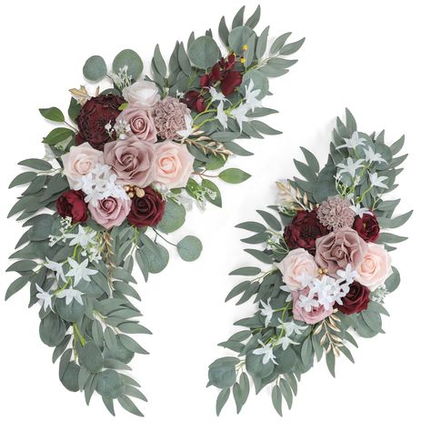 PRICES MAY VARY. Package Including: Burgundy Wedding Flowers Ornament x2 + Cable Tie x4 + Metal Clip x4, (Bigger corner flower 32.5X 14.8'', Smaller corner flower 20 X 10.8'', Clips 2.2'', Zip Straps 11.8 '') High-Quality Materials: Our wedding arch flowers are made of high-quality silk and simulated green plants, they never wilt and look not only beautiful but very lifelike. Beautiful Floral kit of flowers：Our artificial arch flowers are designed with a variety of elements for a rich sense of c Cheap Wedding Table Centerpieces Simple, Country Burgundy Wedding, Maroon And Eucalyptus Wedding, Burgundy And Dusty Rose Wedding Decor, Burgundy And Black Wedding Decorations, Plum And Blush Wedding, Burgundy And Sage Green Wedding, Sage Green And Burgundy Wedding, Wedding Flowers Dusty Rose