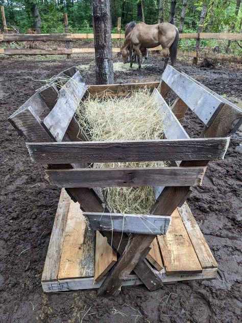 Wooden pallets constructed in a V shape to hold hay. Pallet Hay Feeder Goats, Round Bale Hay Feeder Diy, Horse Hay Feeder Diy, Goat Feeders Ideas Hay, Sheep Pen Ideas, Pallet Hay Feeder, Cow Stanchion, Round Bale Hay Feeder, Goat Feeders