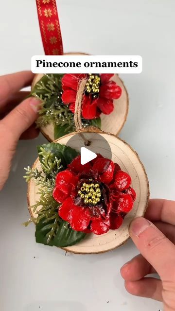 Emily Seilhamer on Instagram: "How to make Christmas pinecone flower ornaments! 🎨🎄 #artsandcrafts #christmascrafts #diyideas #crafting #easycrafts" Pine Cone Hanging Decorations, Diy Pinecone Christmas Ornaments, Pinecone Angel Ornaments Diy, How To Cut Pinecones For Flowers, Pinecone Birds, Pinecone Ornaments Diy, Diy Pinecone Ornaments, Christmas Pinecone Crafts, Pinecone Christmas Ornaments