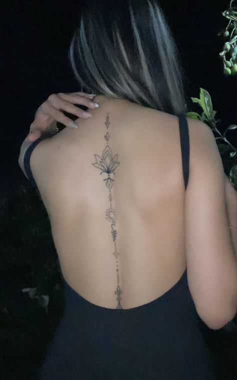 Spine Tattoos For Women Lotus Flower, Beautiful Spine Tattoos For Women, Classy Spine Tattoos For Women, Spine Tattoo With Tramp Stamp, Backshots Tattoo, Back Tattoo Ideas Women, Lotus Flower Tattoo Back Spine, Full Spine Tattoos For Women, Spiritual Spine Tattoos For Women