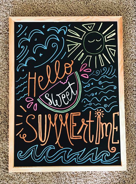 Patio Chalkboard Signs, Beachy Chalkboard Ideas, May Blackboard Ideas, Summer Sandwich Board Sign, Store Chalkboard Sign Ideas Summer, Chalkboard Marker Art Ideas, Pool Chalkboard Art, Colorful Chalkboard Art, End Of Summer Chalkboard Art