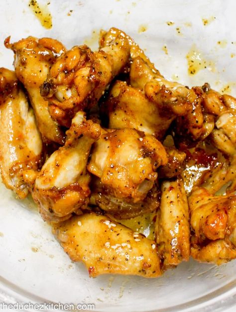 Honey Lemon Pepper Wings - The Duchez Kitchen Brine For Chicken Wings, Dry Brine Chicken, Brine For Chicken, Honey Lemon Pepper Wings, Lemon Pepper Sauce, Easy Chicken Wings, Lemon Pepper Chicken Wings, Frozen Chicken Wings, Pepper Sauce Recipe