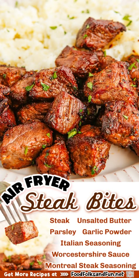 Steak Bites are small pieces of steak that are well seasoned and cooked quickly in the Air Fryer. Cooking the steak in an Air Fryer is the BEST! It takes minimal effort with an even easier clean-up. Air Fryer Steak Bites, Steak Sandwiches, Air Fryer Steak, Air Fryer Ideas, Air Fryer Meals, Air Fryer Oven Recipes, Air Fry Recipes, Air Fryer Dinner, Airfryer Recipes