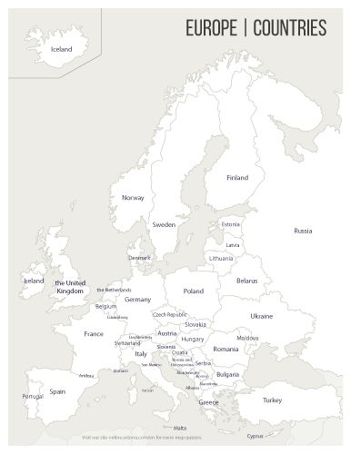 Labeled printable Europe countries map (pdf) Map Of Europe Printable, Europe Map Printable, Free Printable World Map, Interactive World Map, Learn Geography, Geography Quizzes, Map Quiz, Geography Games, Map Quilt