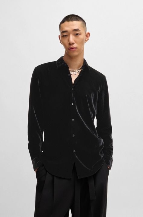 HUGO - Slim-fit shirt in velvet Velvet Shirt Men, Black Velvet Shirt, Black Casual Shirt, Formal Mens Fashion, Womens Denim Shirt, Velvet Shirt, Blazer With Jeans, Clothing Essentials, Slim Fit Shirt