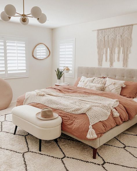 Clay linen adds rose-hued warmth to jamiesyang’s boho bedroom✨ #MyParachuteHome Neutral And Pink Bedroom Decor, Terra Cotta Bedroom Decor, College Student Bedroom At Home, Pink And Wood Bedroom Ideas, Light Pink Boho Bedroom, Colorful Western Bedroom, Blush Bedding Bedroom Ideas, Nayvee Nelson Bedroom, Pink Bedding Room Ideas