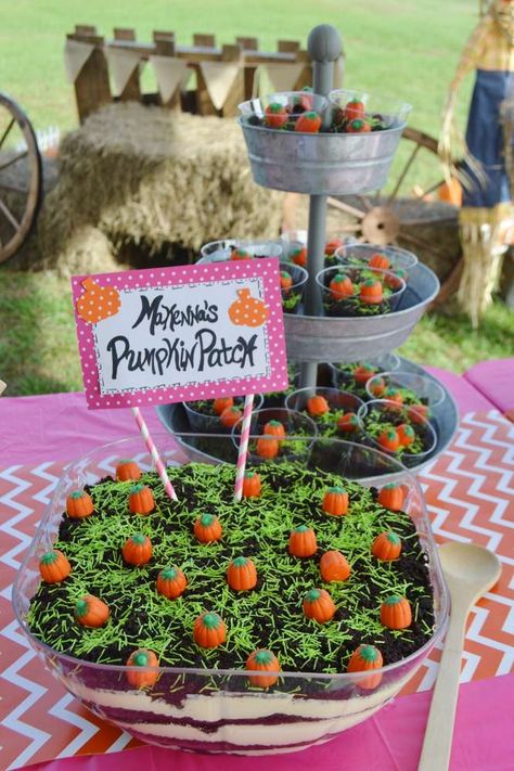 Makenna's Pumpkin Patch ~ 1st Birthday Party | CatchMyParty.com Pumpkin Sprinkle Party, Fall Festival Birthday Party, Pumpkin Themed Gender Reveal Party, Beans Dessert, Fall Themed Birthday Party, Pumpkin Themed Birthday, Pumpkin Patch Birthday Party, Candy Pumpkins, Halloween Pumpkin Cake