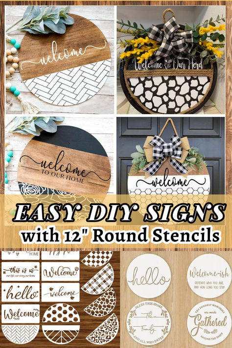 Create stunning round signs for home decor with these easy to use stencils. Make one for every season or celebration, for everyday decor, or to infuse your home with farmhouse style. These are so easy to use for 12" rounds. farmhouse stencils, diy stencil signs, round sign stencils, round sign home decor, farmhouse sign ideas, round sign ideas, diy round signs, welcome sign ideas, farmhouse signs, front door signs, seasonal signs. Round Wood Diy Projects, Door Signs Diy Entrance, Circle Wood Signs Diy Cricut, Round Welcome Door Signs Diy, Round Front Door Sign Diy, How To Make A Wooden Sign Diy, Wood Round Crafts Diy Projects, Wooden Rounds Crafts Diy, Diy Wood Round Sign