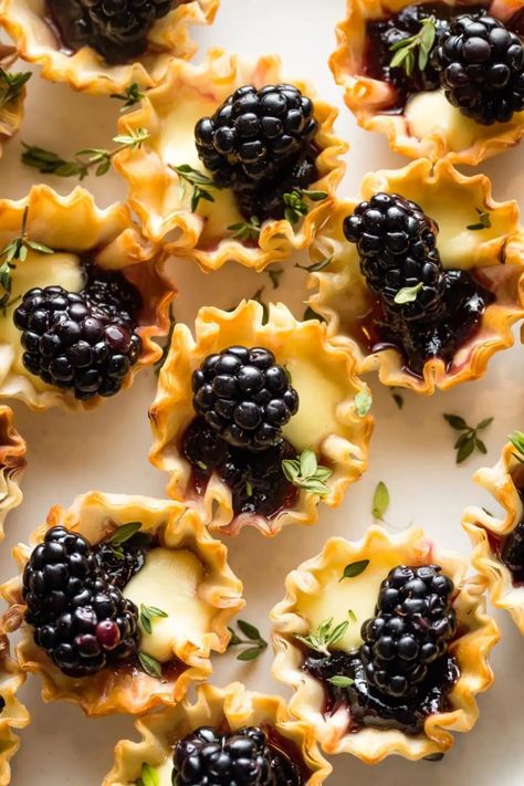 Brie Phyllo Cups with Blackberry and Thyme - Nourish and Fete Brie Phyllo Cups, Diy Appetizers, Brie Phyllo, Phyllo Cups, Cocktail Party Food, Party Appetizers Easy, Appetizer Bites, Baked Brie, Party Food Appetizers