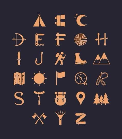 Interesting Shapes Design, Nature Fonts Alphabet, Outdoor Symbols, Unique Fonts Alphabet, Camping Alphabet, Science Alphabet, Interesting Fonts, Adventure Font, Decorative Alphabet Letters