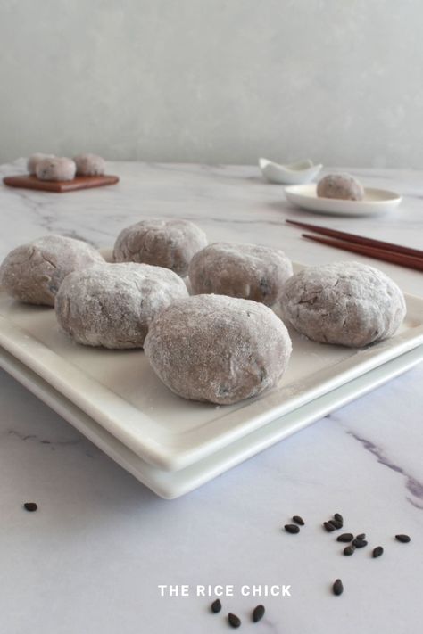 Black Sesame Mochi - The Rice Chick Japanese Mochi Recipe, Black Sesame Mochi, Black Sesame Dessert, Sesame Mochi, What Is Mochi, Mochiko Flour, Japanese Mochi, Black Sesame Paste, Mochi Recipe